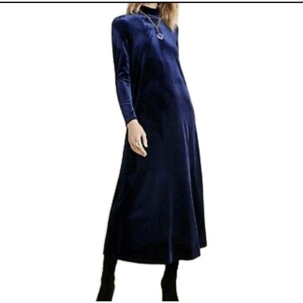 Valerie Stevens Velvet Maxi Dress L Navy Mock Neck Long Sleeve Vintage Korea